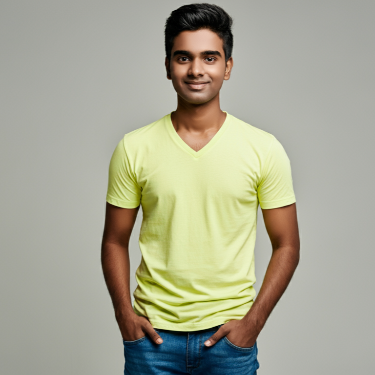 A young man in a bright yellow V-neck t-shirt