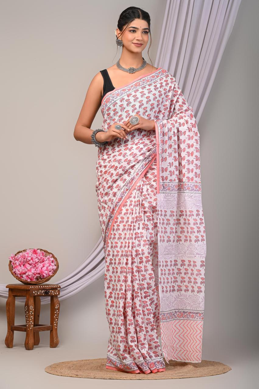 Entimessi Traditional Pink and Red Floral Hand Block Printed Saree Sarees Block Printed Saree Dabu Print Entimessi ethnic wear Farewell Saree Festive Saree Festive Wear Free Size Gift For Her Hand Block Print Hand Block Print Cotton Saree Hand Printed Handcrafted Saree Handwoven Indian Ethnic Wear Lightweight Saree Office Wear Saree One Size Party Wear Saree Saree With Blouse Piece Soft Finish Soft Finish Saree Traditional Wear Unstitched Blouse Wedding Guest Saree Wedding Wear Work Wear