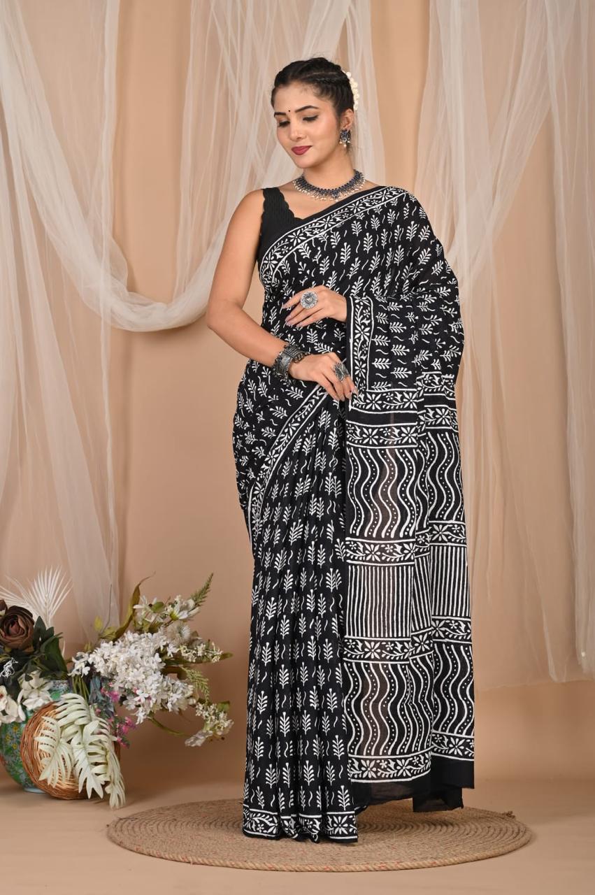 Entimessi Classic Black and White Geometric Hand Block Printed Saree Sarees Block Printed Saree Dabu Print Entimessi ethnic wear Farewell Saree Festive Saree Festive Wear Free Size Gift For Her Hand Block Print Hand Block Print Cotton Saree Hand Printed Handcrafted Saree Handwoven Indian Ethnic Wear Lightweight Saree Office Wear Saree One Size Party Wear Saree Saree With Blouse Piece Soft Finish Soft Finish Saree Traditional Wear Unstitched Blouse Wedding Guest Saree Wedding Wear Work Wear