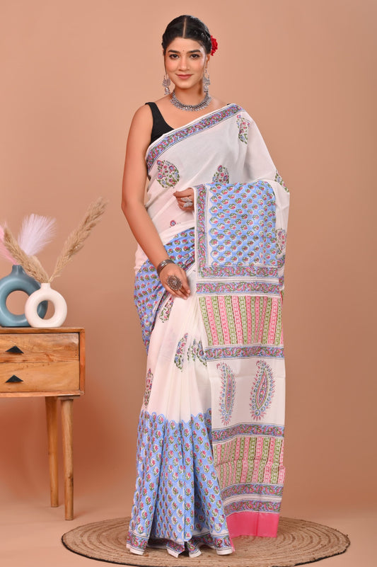 Entimessi Vibrant Multi-Color Paisley and Floral Block Print Saree Sarees Block Printed Saree Dabu Print Entimessi ethnic wear Farewell Saree Festive Saree Festive Wear Free Size Gift For Her Hand Block Print Hand Block Print Cotton Saree Hand Printed Handcrafted Saree Handwoven Indian Ethnic Wear Lightweight Saree Office Wear Saree One Size Party Wear Saree Saree With Blouse Piece Soft Finish Soft Finish Saree Traditional Wear Unstitched Blouse Wedding Guest Saree Wedding Wear Work Wear