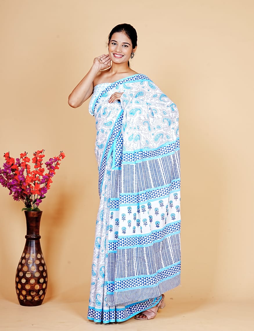 Entimessi Cool Sky Blue Paisley and Geometric Block Print Saree Sarees Block Printed Saree Dabu Print Entimessi ethnic wear Farewell Saree Festive Saree Festive Wear Free Size Gift For Her Hand Block Print Hand Block Print Cotton Saree Hand Printed Handcrafted Saree Handwoven Indian Ethnic Wear Lightweight Saree Office Wear Saree One Size Party Wear Saree Saree With Blouse Piece Soft Finish Soft Finish Saree Traditional Wear Unstitched Blouse Wedding Guest Saree Wedding Wear Work Wear