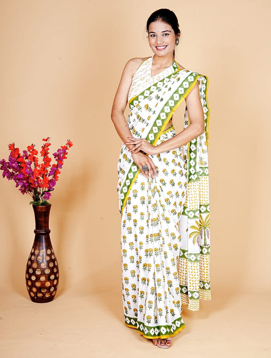 Entimessi Summer White Saree with Yellow-Green Floral & Palm Pallu Sarees Block Printed Saree Dabu Print Entimessi ethnic wear Farewell Saree Festive Saree Festive Wear Free Size Gift For Her Hand Block Print Hand Block Print Cotton Saree Hand Printed Handcrafted Saree Handwoven Indian Ethnic Wear Lightweight Saree Office Wear Saree One Size Party Wear Saree Saree With Blouse Piece Soft Finish Soft Finish Saree Traditional Wear Unstitched Blouse Wedding Guest Saree Wedding Wear Work Wear