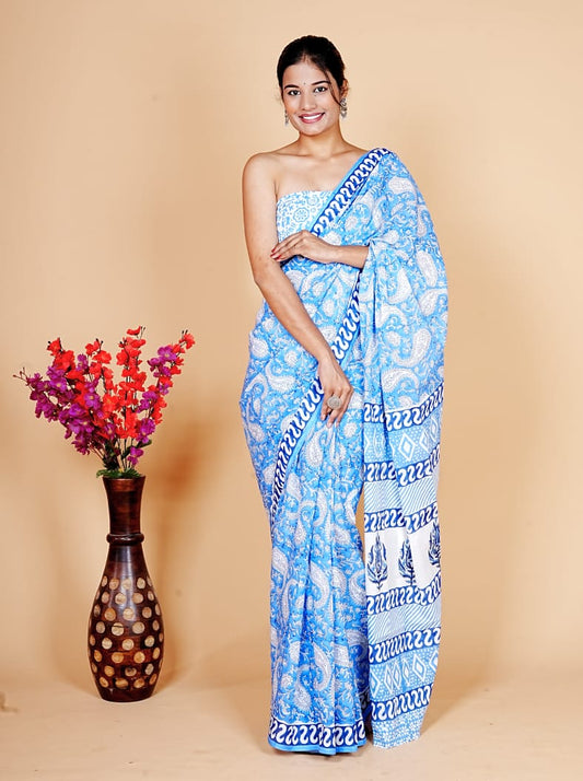 Entimessi Ornate All-Over Blue Paisley Block Printed Saree Sarees Block Printed Saree Dabu Print Entimessi ethnic wear Farewell Saree Festive Saree Festive Wear Free Size Gift For Her Hand Block Print Hand Block Print Cotton Saree Hand Printed Handcrafted Saree Handwoven Indian Ethnic Wear Lightweight Saree Office Wear Saree One Size Party Wear Saree Saree With Blouse Piece Soft Finish Soft Finish Saree Traditional Wear Unstitched Blouse Wedding Guest Saree Wedding Wear Work Wear