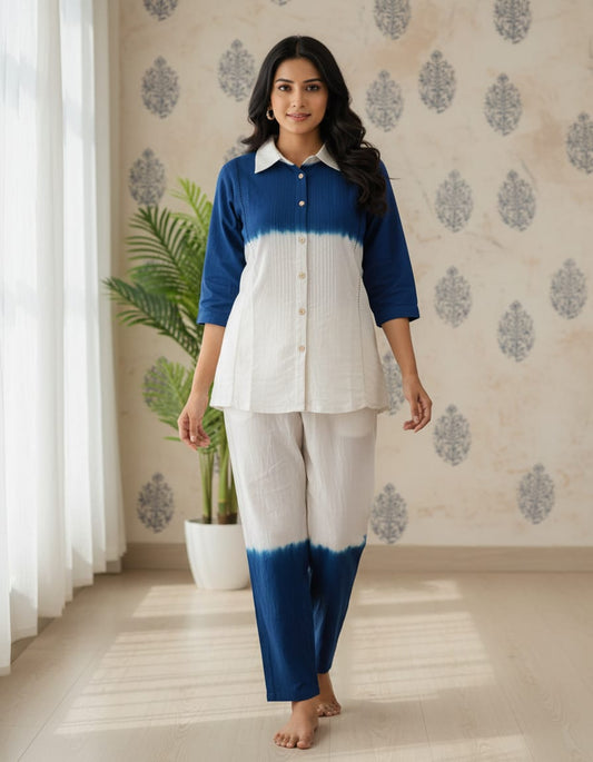 Entimessi Entimessi Indigo Dip-Dye Collared Shirt & Trouser Set Co-ord Set Co-ord Set Cotton Dip Dye Indigo Resortwear Womenswear