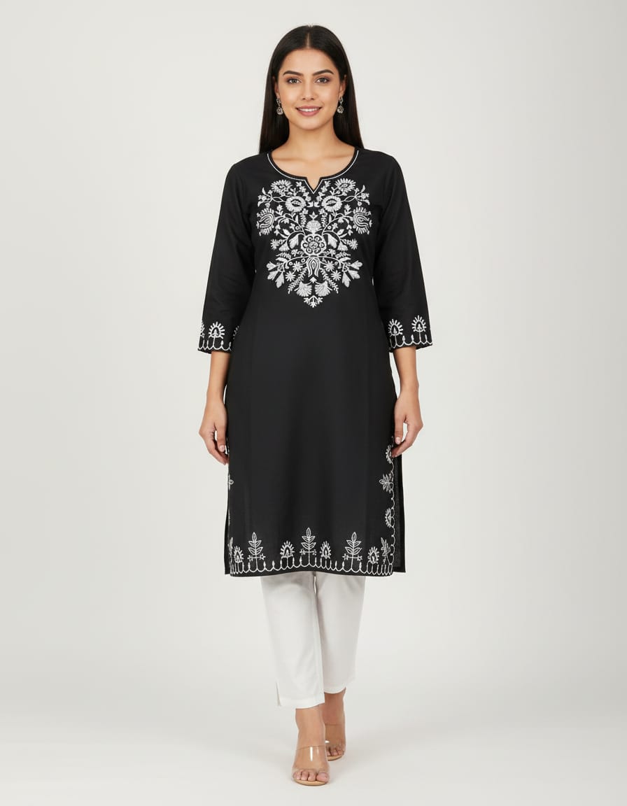 Entimessi Entimessi Onyx Floral Embroidered Kurta Set – Festive Rayon Kurta Set Black Embroidered Ethnic Kurta Set Festive Kurta Set Rayon V-Neck Womenswear