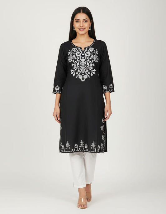Entimessi Entimessi Onyx Floral Embroidered Kurta Set – Festive Rayon Kurta Set Black Embroidered Ethnic Kurta Set Festive Kurta Set Rayon V-Neck Womenswear