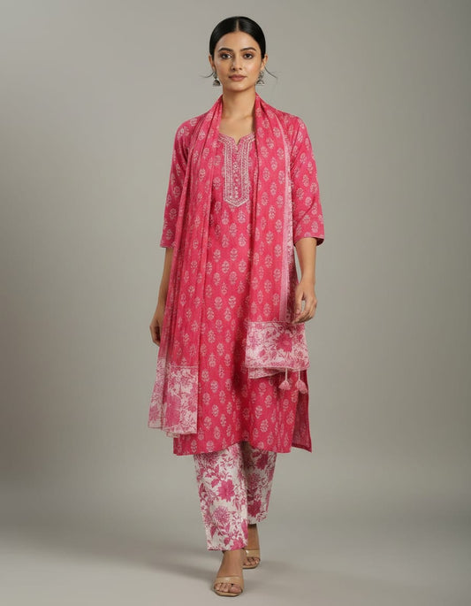 Entimessi Entimessi Rose Booti Block-Print Kurta Set with Dupatta Kurta Set 3-Piece Set Block Print Cotton Dupatta Ethnic Kurta Set Festive Kurta Set Pink Womenswear