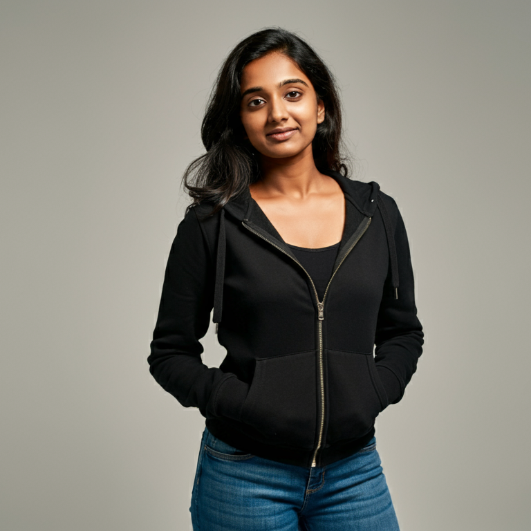 A young woman wearing a black zip-up hoodie