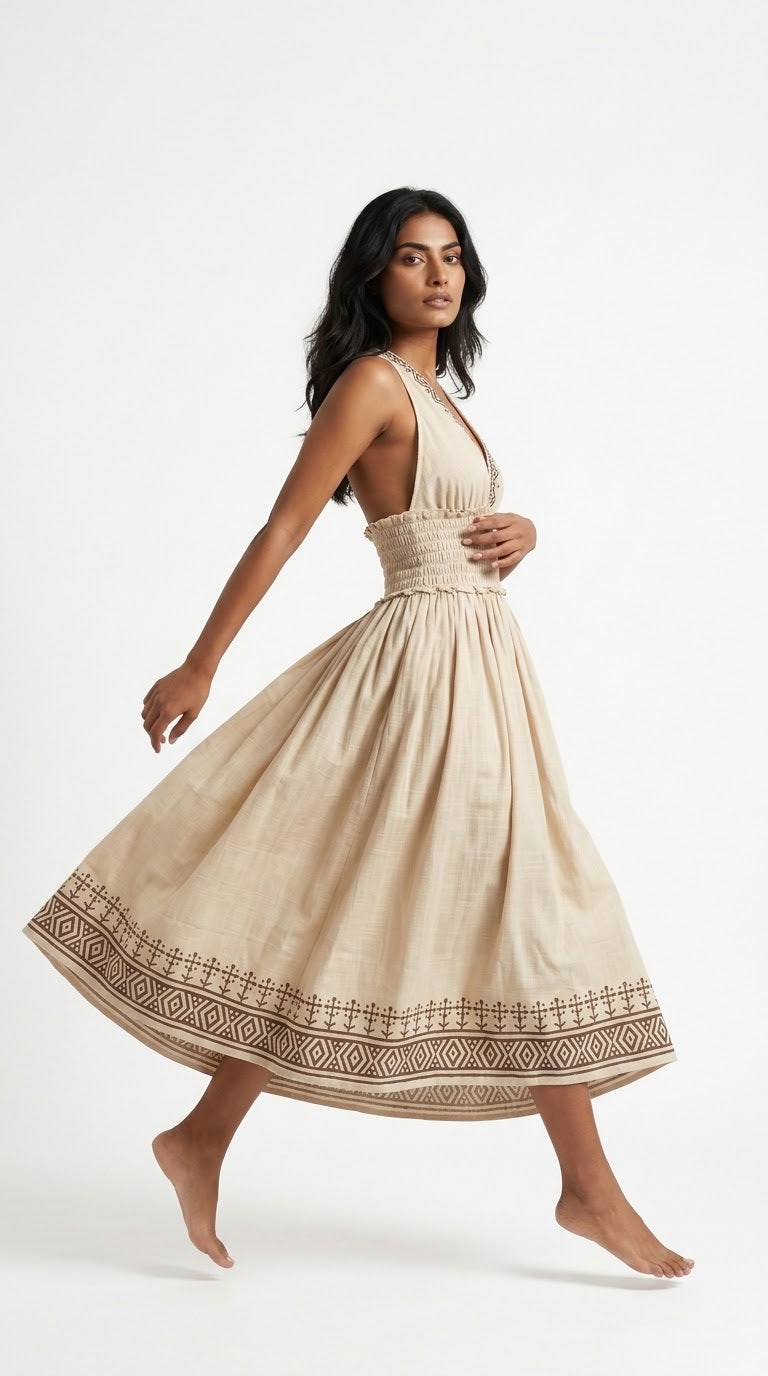 Sand Geometric Block Print Cotton Halter Midi Dress