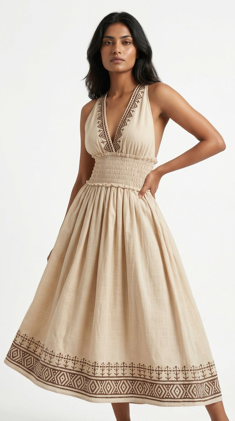 Sand Geometric Block Print Cotton Halter Midi Dress