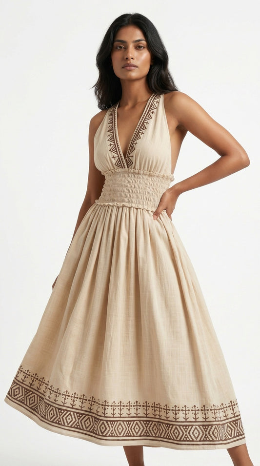 Sand Geometric Block Print Cotton Halter Midi Dress