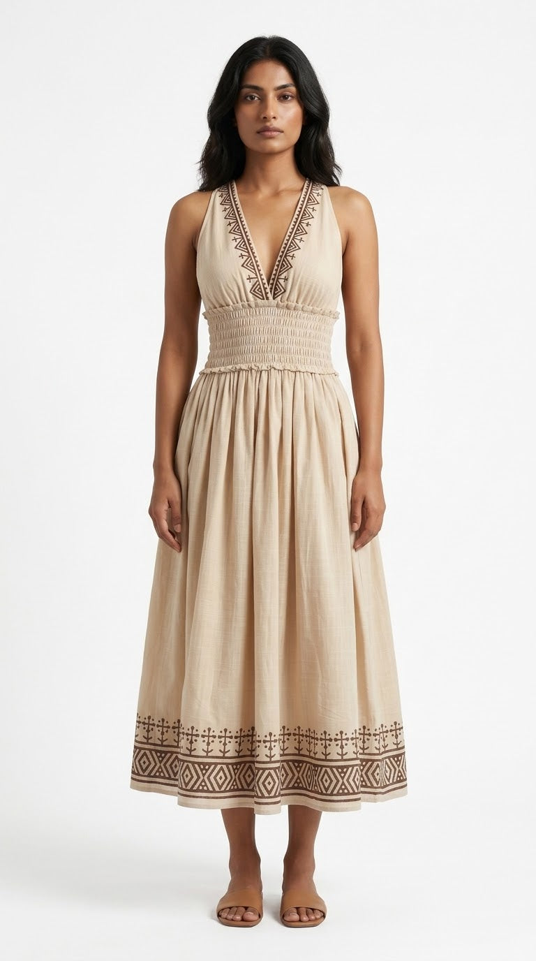 Sand Geometric Block Print Cotton Halter Midi Dress