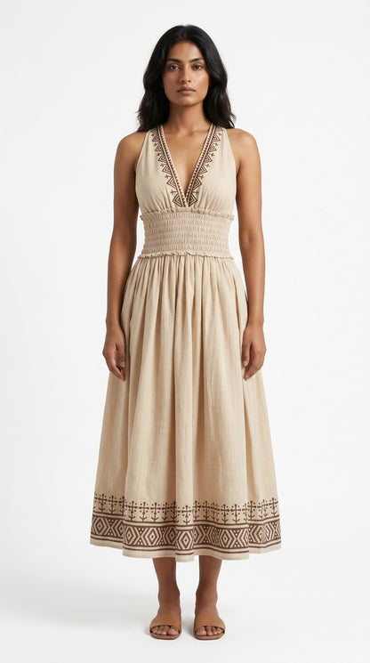 Sand Geometric Block Print Cotton Halter Midi Dress