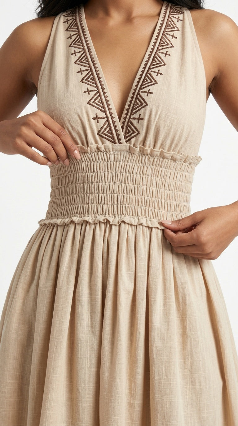 Sand Geometric Block Print Cotton Halter Midi Dress