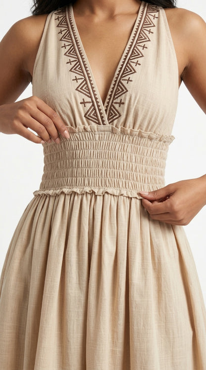Sand Geometric Block Print Cotton Halter Midi Dress