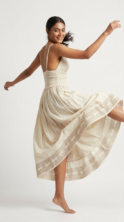 Cream Diamond Block Print Cotton Surplice Midi Dress