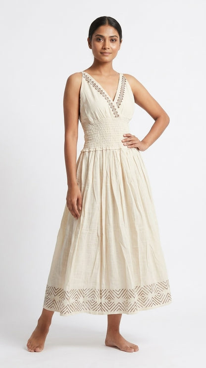 Cream Diamond Block Print Cotton Surplice Midi Dress