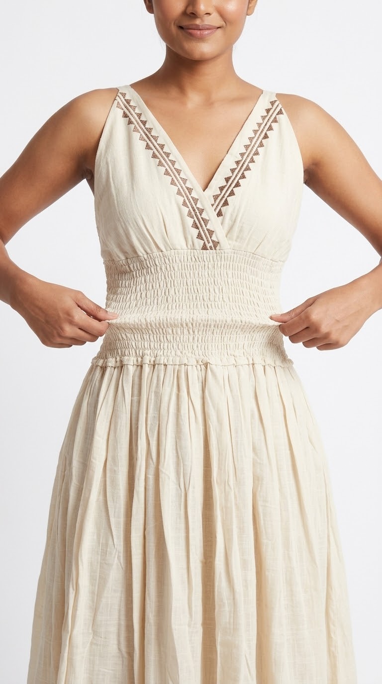 Cream Diamond Block Print Cotton Surplice Midi Dress