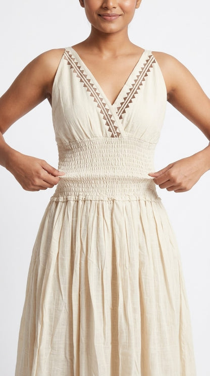 Cream Diamond Block Print Cotton Surplice Midi Dress