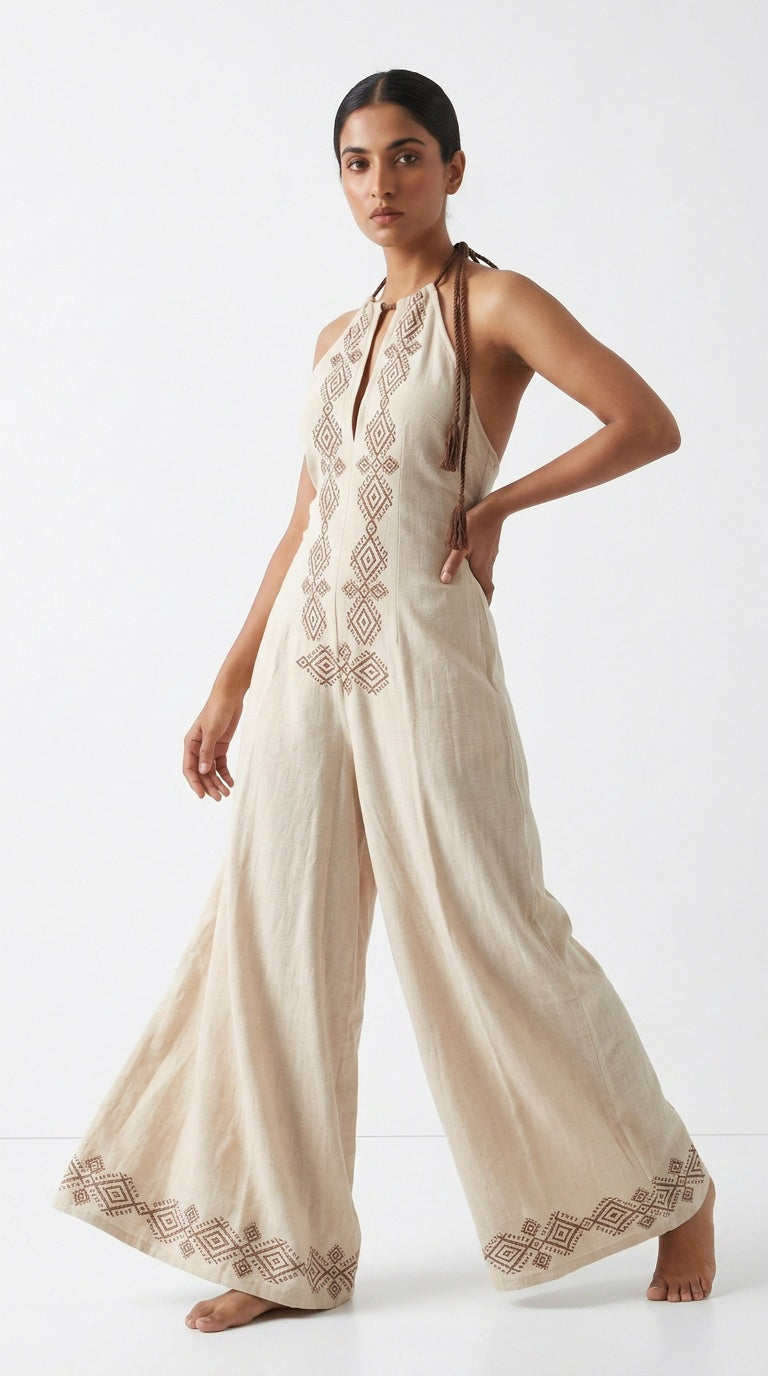 Oatmeal Diamond Block Print Cotton Halter Jumpsuit