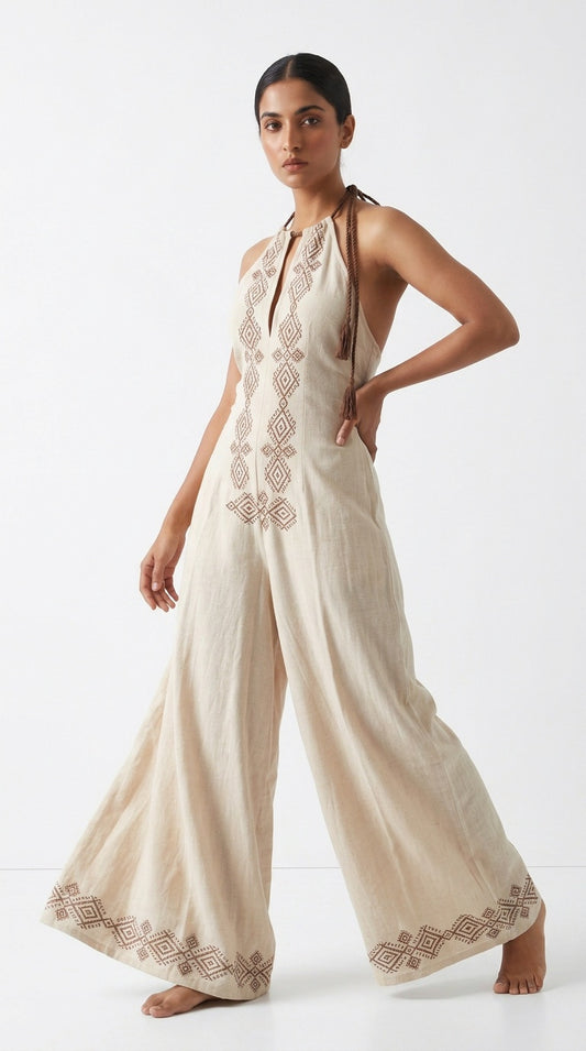 Oatmeal Diamond Block Print Cotton Halter Jumpsuit