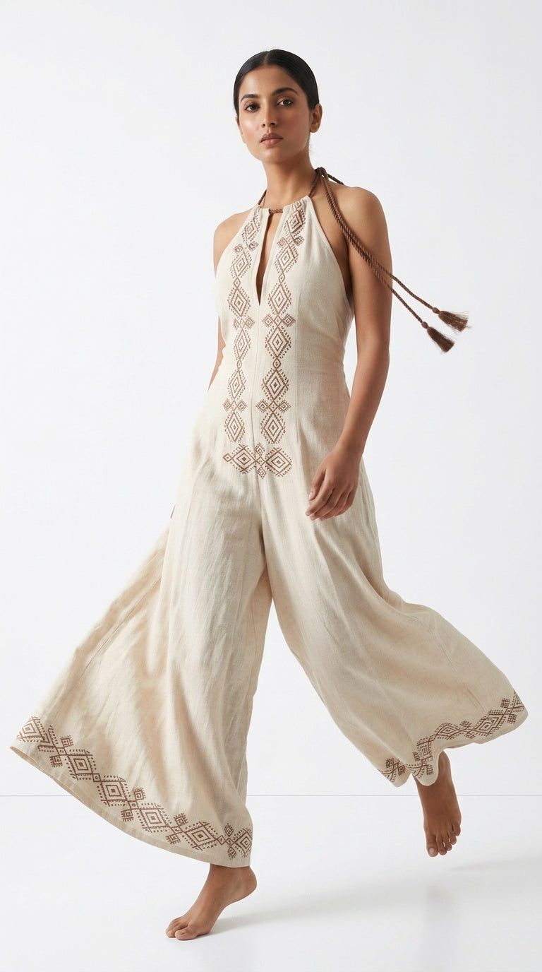 Oatmeal Diamond Block Print Cotton Halter Jumpsuit