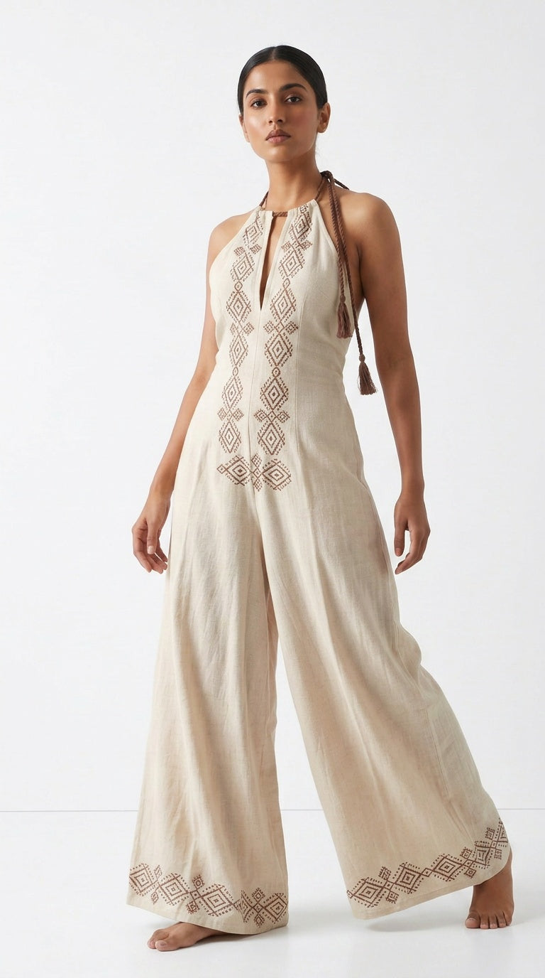 Oatmeal Diamond Block Print Cotton Halter Jumpsuit