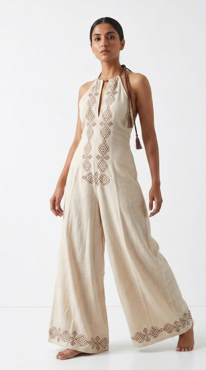 Oatmeal Diamond Block Print Cotton Halter Jumpsuit