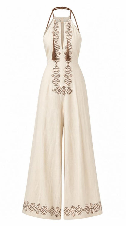Oatmeal Diamond Block Print Cotton Halter Jumpsuit