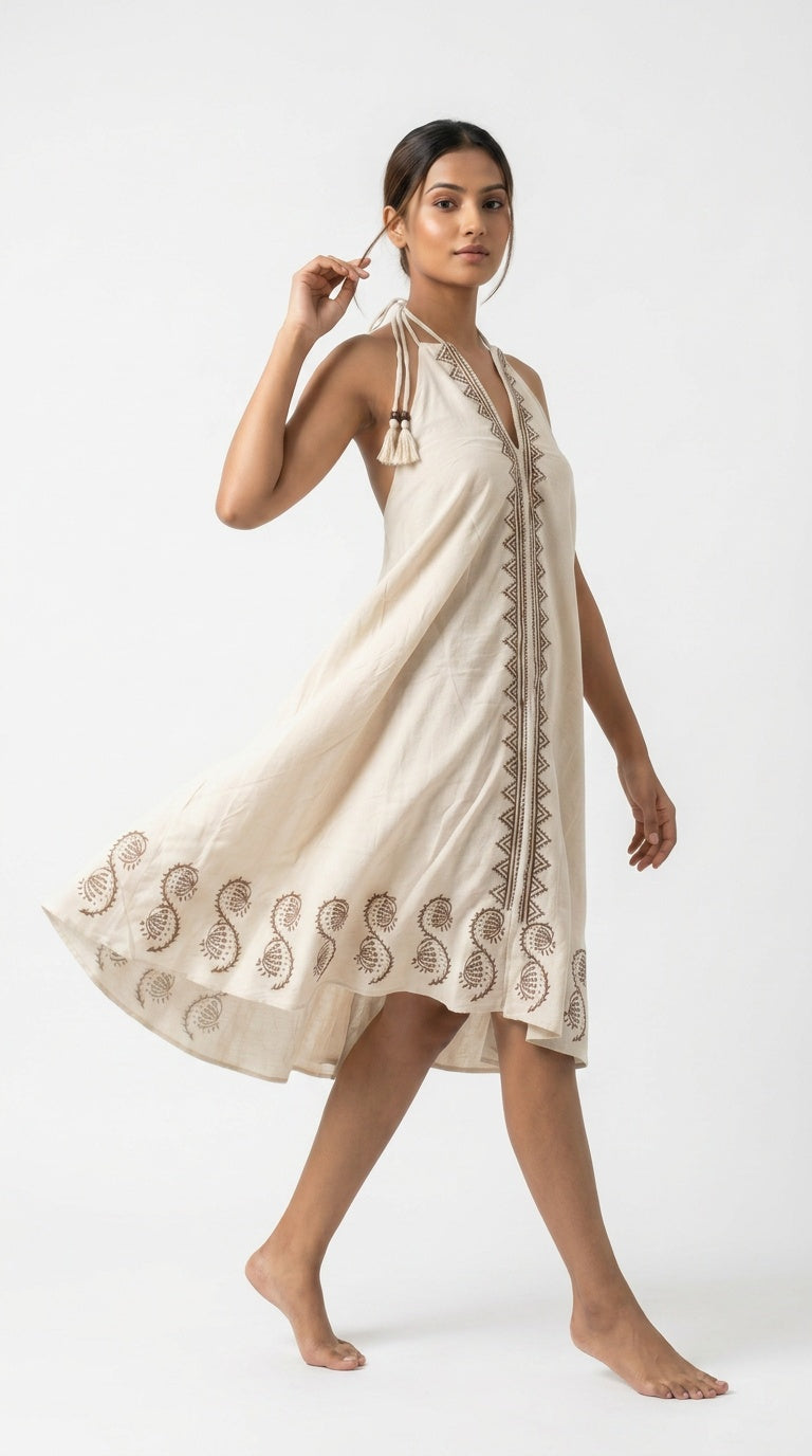 Ecru Paisley Block Print Cotton Halter Maxi Dress