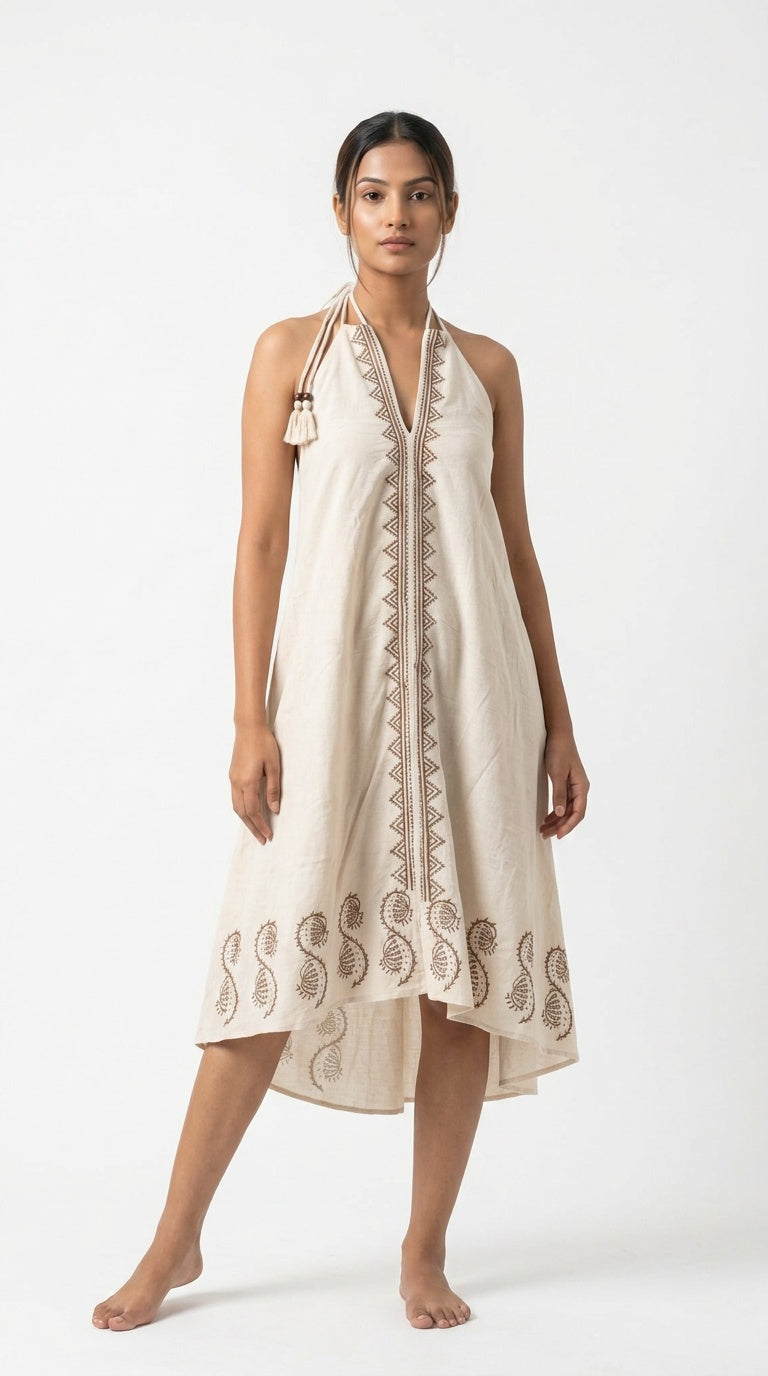 Ecru Paisley Block Print Cotton Halter Maxi Dress