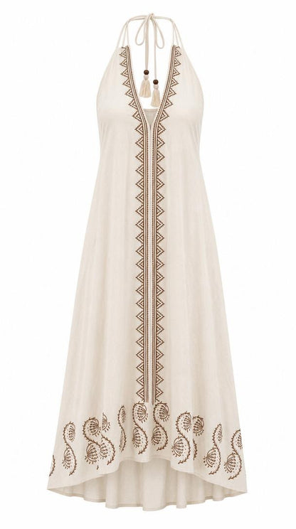 Ecru Paisley Block Print Cotton Halter Maxi Dress