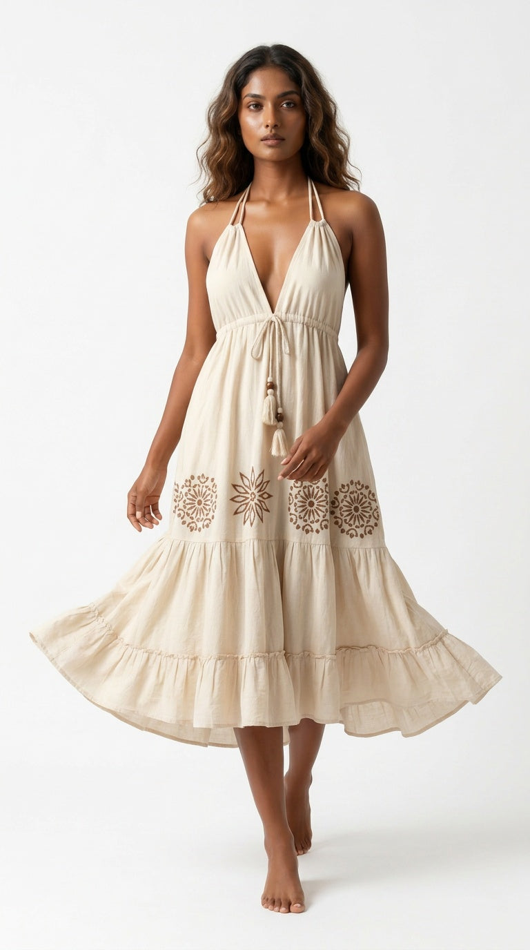 Sand Mandala Block Print Cotton Halter Tiered Midi Dress