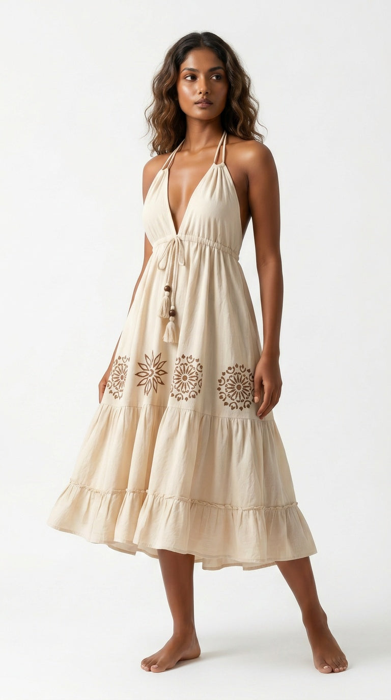 Sand Mandala Block Print Cotton Halter Tiered Midi Dress