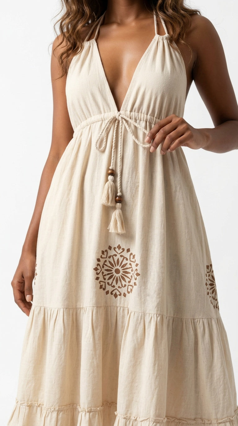 Sand Mandala Block Print Cotton Halter Tiered Midi Dress
