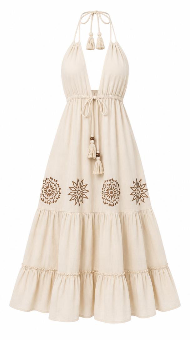 Sand Mandala Block Print Cotton Halter Tiered Midi Dress