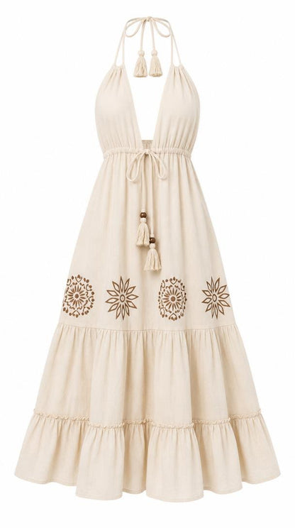 Sand Mandala Block Print Cotton Halter Tiered Midi Dress