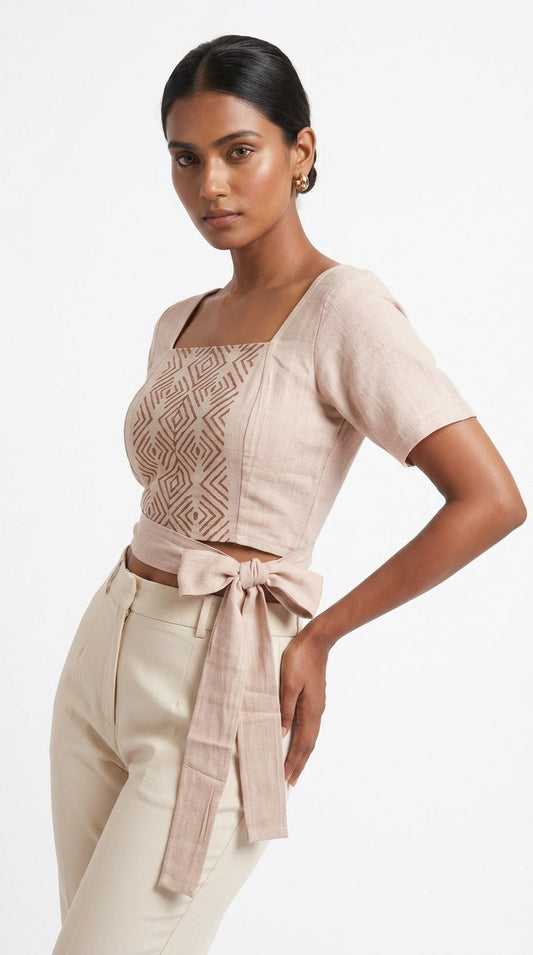Blush Diamond Block Print Cotton Tie-Front Crop Top