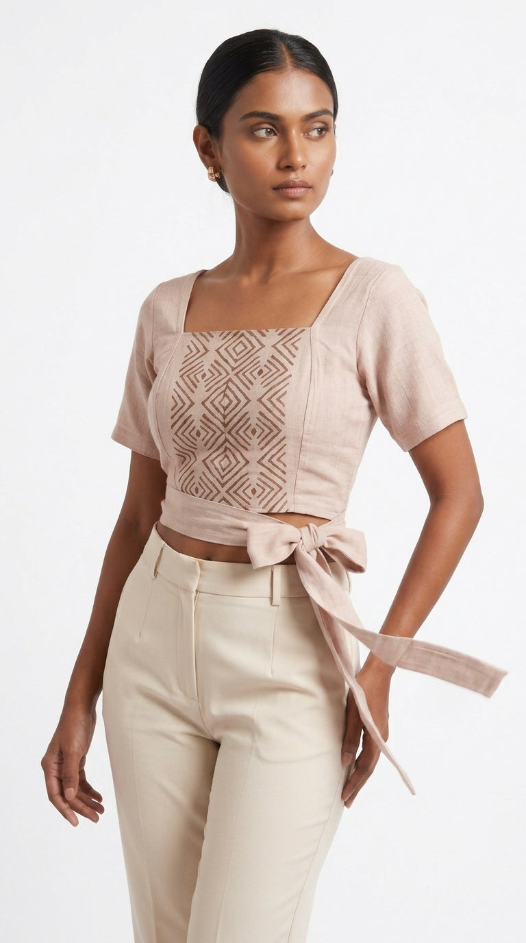 Blush Diamond Block Print Cotton Tie-Front Crop Top