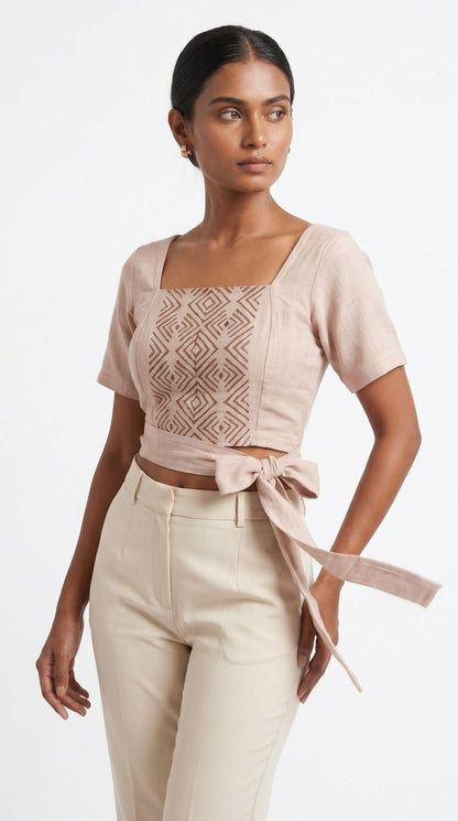 Blush Diamond Block Print Cotton Tie-Front Crop Top