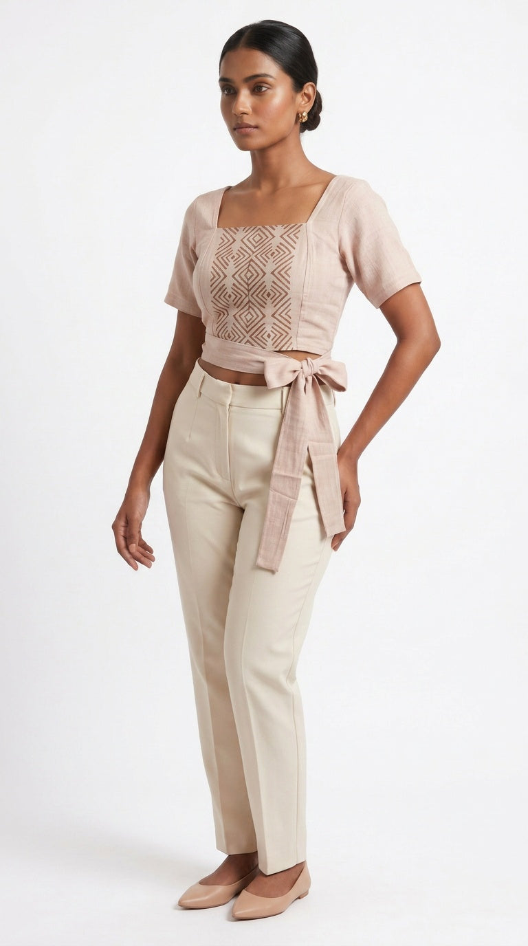 Blush Diamond Block Print Cotton Tie-Front Crop Top