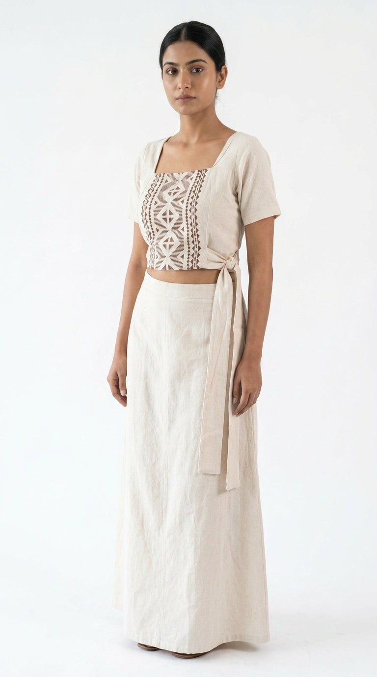 Oatmeal Geometric Block Print Cotton Tie-Side Top
