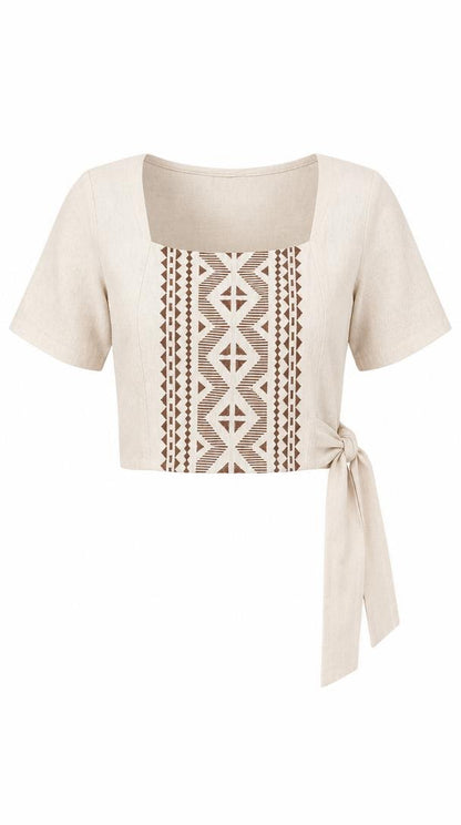 Oatmeal Geometric Block Print Cotton Tie-Side Top