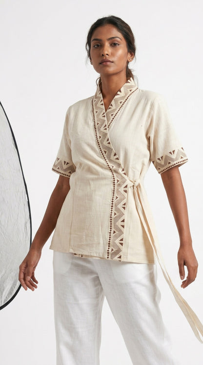 Ivory Chevron Block Print Cotton Wrap Kimono Top