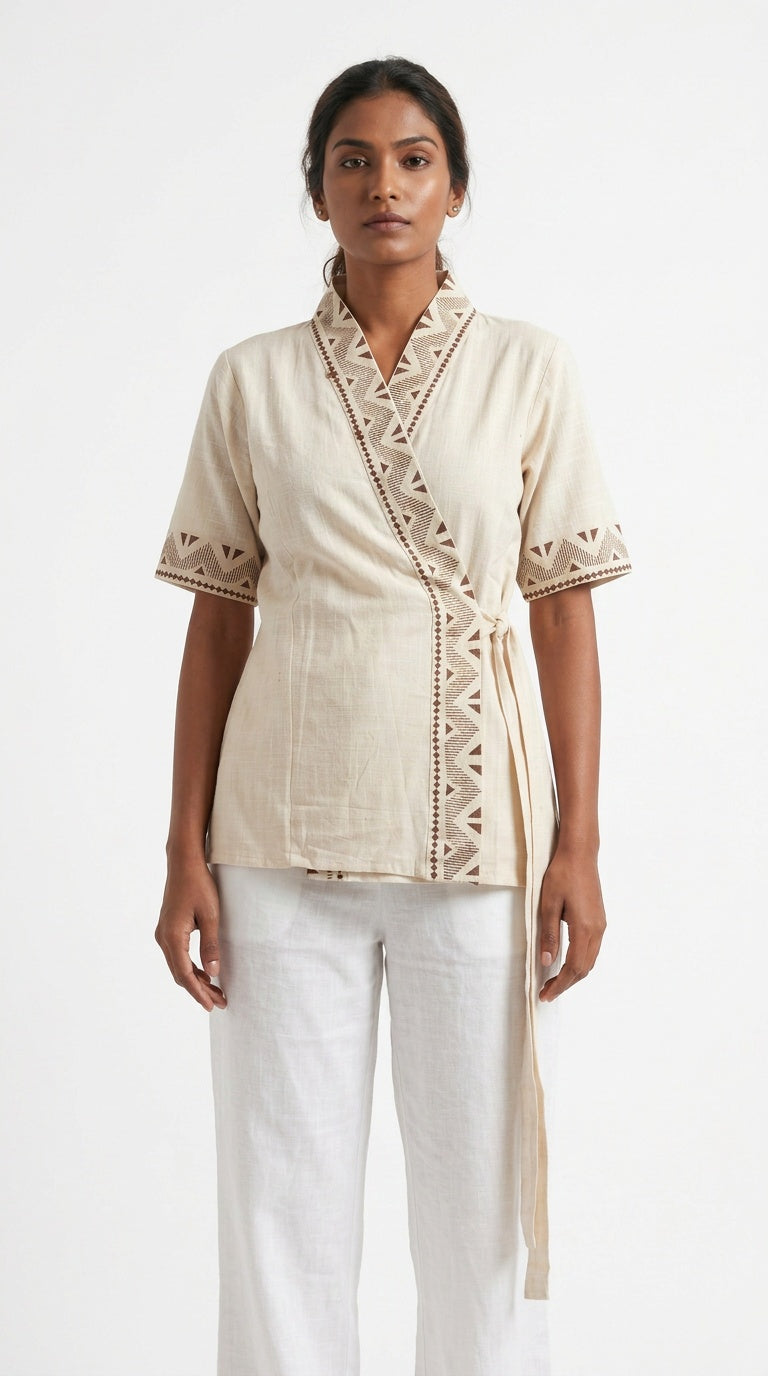 Ivory Chevron Block Print Cotton Wrap Kimono Top