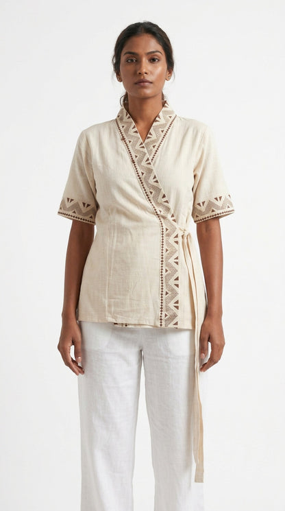 Ivory Chevron Block Print Cotton Wrap Kimono Top
