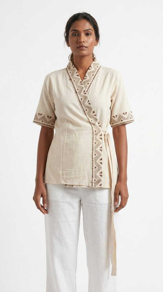 Ivory Chevron Block Print Cotton Wrap Kimono Top
