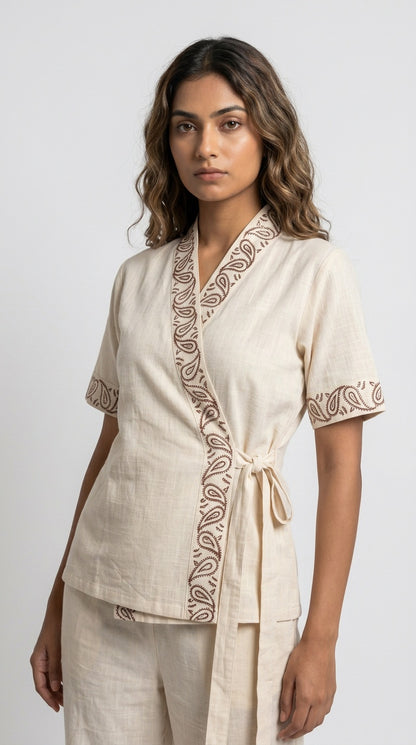 Oatmeal Paisley Block Print Cotton Wrap