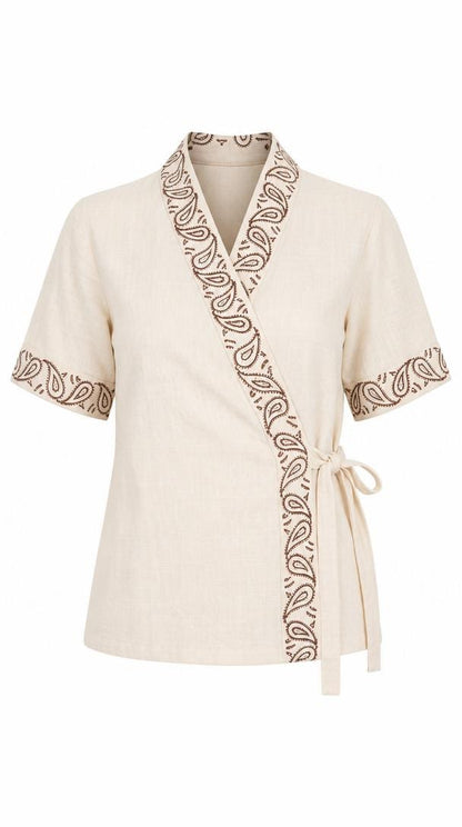 Ivory Chevron Block Print Cotton Wrap Kimono Top