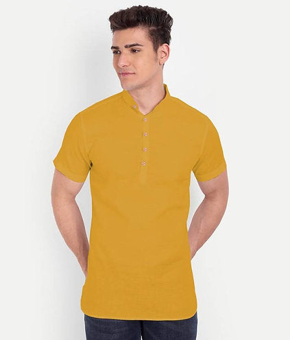 Entimessi Men's Casual Cotton Shirts - Short Sleeve Solid Color Shirts Mustard Yellow Casual Wear Cotton Shirts Henley Neck Shirts Men Men's Shirts Shirts Top